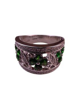 Sterling Silver Womens Green Gem Clover Pattern Band Ring Intricate Design Sz 8